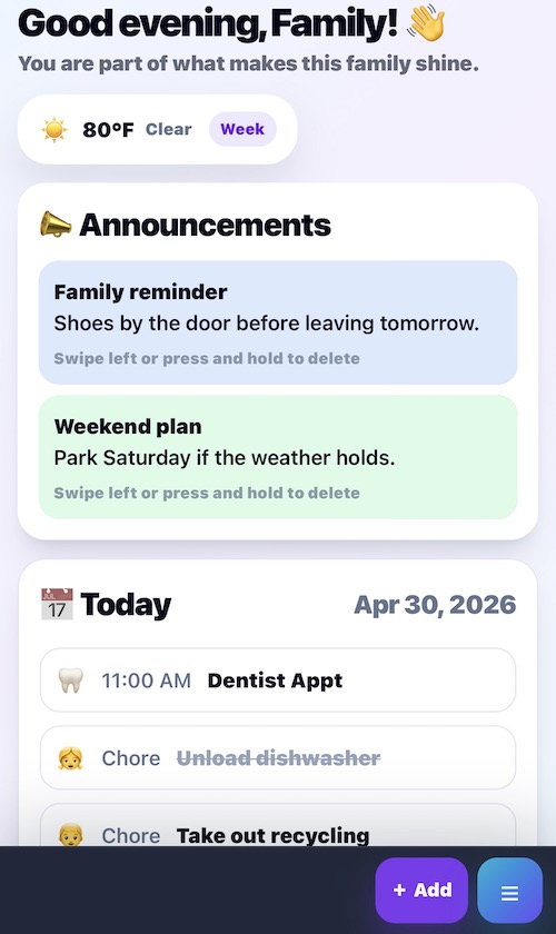 Current eNest mobile family dashboard